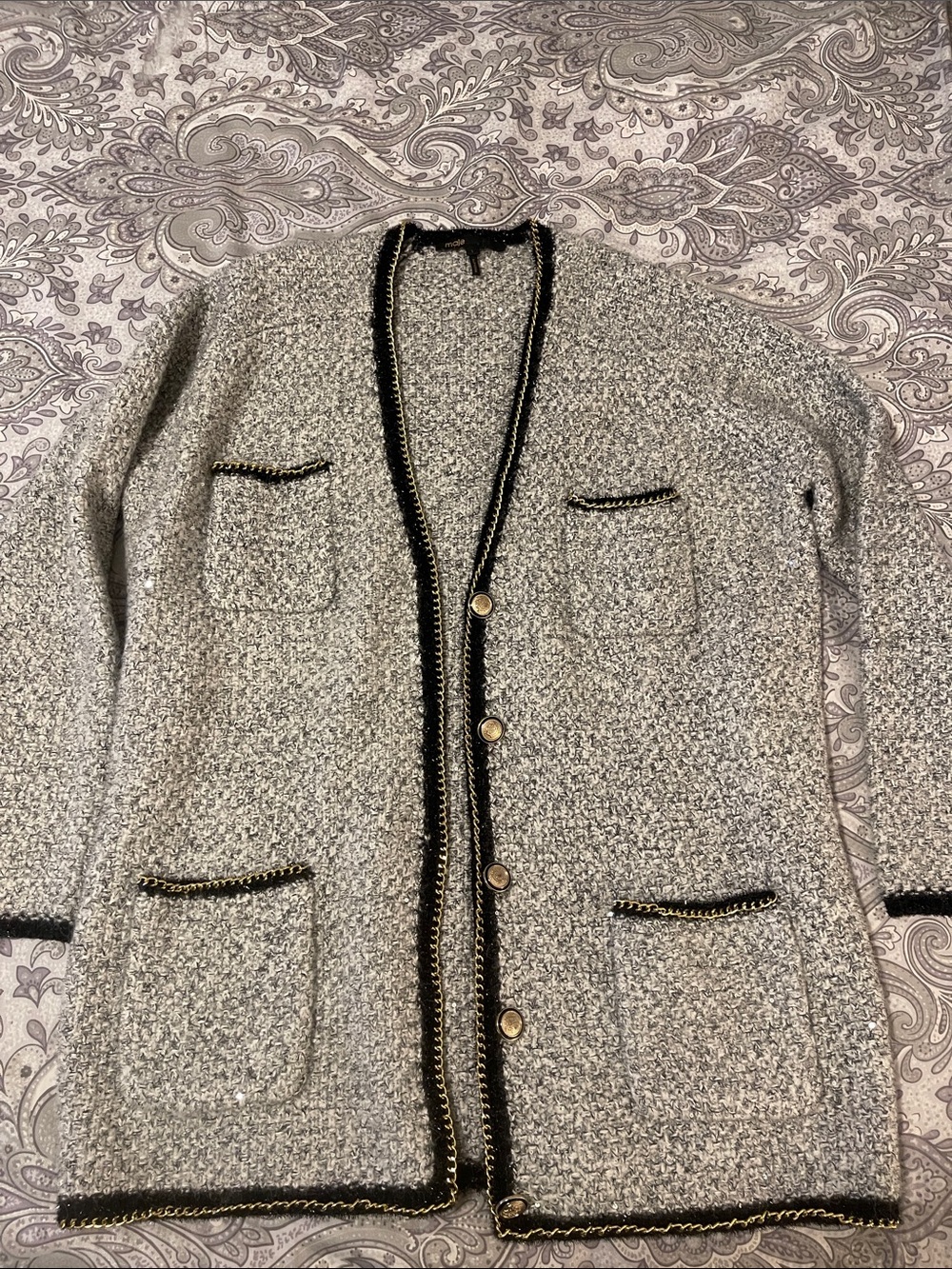 Maje Gray Bouclé Cardigan with Black & Gold Trim